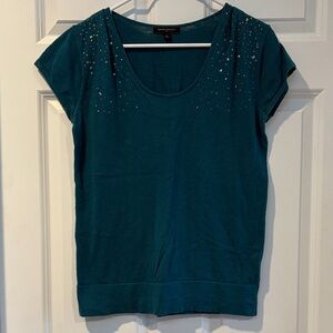 Banana Republic Teal Short Sleeve Scoop Neck Top with Shoulder Rhinestones